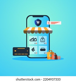 Ilustración vectorial plana de compras seguras en línea con tarjeta de crédito, concepto de pago seguro o transferencia de dinero, concepto de protección de pagos en línea con blindaje azul