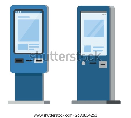 Flat vector illustration of a self service kiosk machine for payment or ticketing. Modern touchscreen terminal for public service and digital transaction concepts.