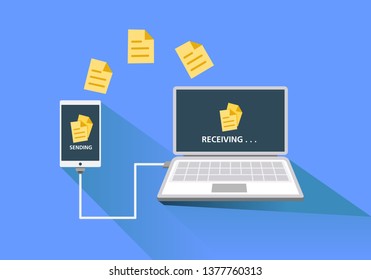 Flat vector illustration of sending files from smart phones to laptop devices for office and business purposes using cable and wire.