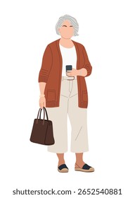 Ilustração de vetor plano de uma mulher curvilínea sênior em roupas casuais, segurando um smartphone e bolsa, de pé em toda a extensão, isolado no fundo branco.
