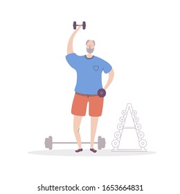 Flat vector illustration Senior Fitness. Smiling grandfather lifting weights. Active lifestyle for elder people. Workout with a barbell and dumbbells for adults. 