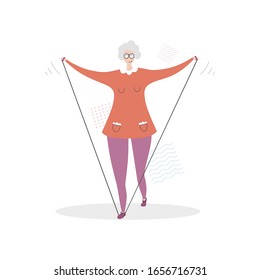 Flat vector illustration Senior Fitness. Cute grandmother holding a resistance band. Active lifestyle for elder people. Workout with a resistance band for adults. 