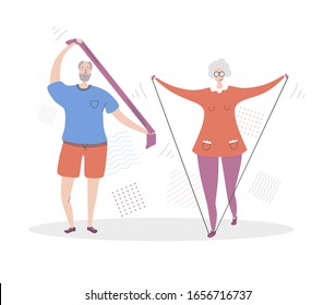 Flat vector illustration Senior Fitness. Smiling grandfather and grandmother exercising together. Active lifestyle for elder people couples. Workout with a resistance bands for adults. 