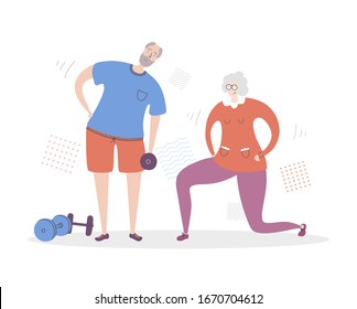 Flat vector illustration Senior Fitness. Smiling grandfather and grandmother exercising together. Active lifestyle for elder people couples. Workout with a dumbbells for adults. 