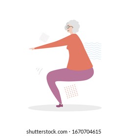 Flat vector illustration Senior Fitness. Cute grandmother doing a squat exercise. Active lifestyle for elder people. Workout for adults. Modern flat style. 