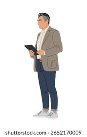 Ilustração vetor plana de homem sênior com cabelo cinza vestindo blazer, jeans e tênis, segurando tablet. Moderno caráter profissional idoso, isolado no fundo branco