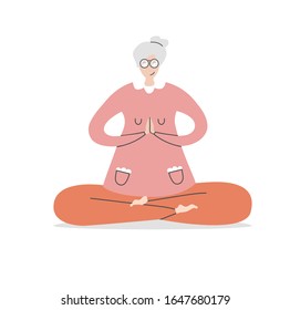 Flaches Vektorillustration Illustration Senior Yoga. Cute Großmutter in der Position Lotus. Aktiver Lebensstil für ältere Menschen. Meditation und Yogapraxis für Erwachsene. 