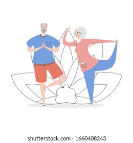 Flat vector illustration Senior Yoga. Smiling grandfather and grandmother practising asana together and a lotus flower. Active lifestyle for elder people couples. Stretching workout for adults. 