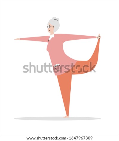 Flat vector illustration Senior Yoga. Cute grandmother in the Lord of Dance position. Active lifestyle for elder people. Meditation and yoga practise for adults. Lovely character isolated on white.