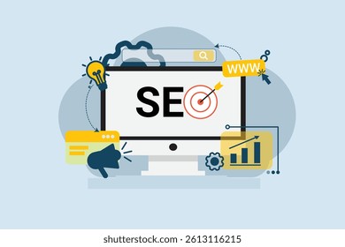 Flat vector illustration of SEO concept with target, chart, and digital marketing elements. Perfect for web and business use.
