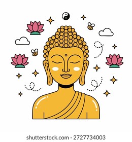 Ilustración vectorial plana de una cabeza serena de Buda y la parte superior del torso