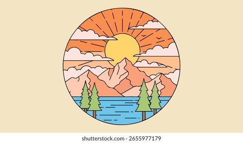 Ilustração vetorial plana de uma serena cena de montanha e lago em um quadro circular, com um sol radiante, céu pastel e árvores perenes, delineadas em marrom escuro em um fundo bege claro