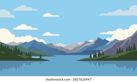 A flat vector illustration of a serene mountain lake landscape with pine trees and a clear blue sky with fluffy white clouds.