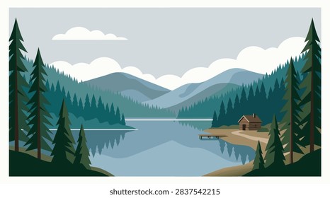 A flat vector illustration of a serene mountain lake landscape with a small wooden cabin, pine trees, and a wooden dock.