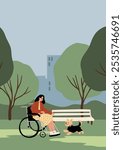 Flat vector illustration of a serene park scene featuring a woman in a wheelchair and her dog. The image depicts an inclusive outdoor setting with trees, a bench, and a distant building.