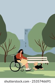 Flat vector illustration of a serene park scene featuring a woman in a wheelchair and her dog. The image depicts an inclusive outdoor setting with trees, a bench, and a distant building.