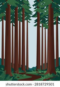 A flat vector illustration of a serene redwood forest with tall brown tree trunks and lush green foliage under a soft light sky.