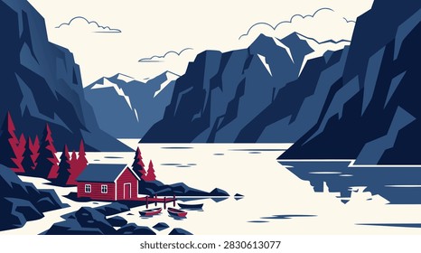 A flat vector illustration of a serene Scandinavian fjord landscape featuring a red cabin, pine trees, and small boats near rocky mountains.