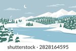 A flat vector illustration of a serene winter landscape featuring a small cabin, snow-covered mountains, pine trees, and a frozen lake under a crescent moon.
