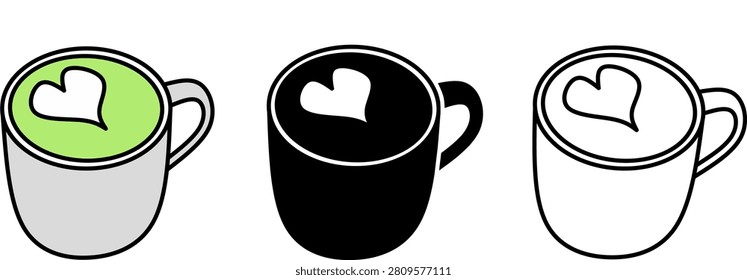 Flat vector illustration set of 3 coffee cups with heart latte art. Includes matcha green tea cup, black coffee cup, and outline cup. Clean black outlines, simple design, no shading. Perfect for cafe menu, coffee shop branding, beverage icons, sticker pack, and restaurant design.
