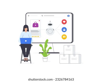 Flat vector illustration set of AI powered woman creating ads for an ecommerce platform. Empowering efficient and intelligent advertising in e commerce.