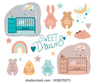 Flat Vector illustration set of baby crib, cute sleeping animals (rabbit and owl and cat and bear) cloud, stars, mobile, moon for child print, icons, poster, postard, baby clother