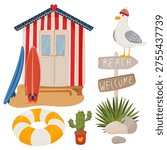 Flat vector illustration set with beach hut, surfboards, lifebuoy, cactus and coastal plants. Summer seaside elements for travel, vacation design and tropical graphics