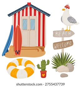 Flat vector illustration set with beach hut, surfboards, lifebuoy, cactus and coastal plants. Summer seaside elements for travel, vacation design and tropical graphics