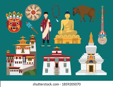 Flat vector illustration set of
Bhutan consisting of landmark attractions and cultures