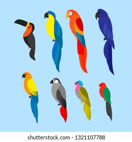 Flat vector illustration with set of  bright parrots. Set of color birds. Collection of toucan and colorful parrots 
