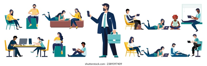 Flat vector illustration. Set of business people sitting in the process of work. Diverse men and women solving business problems, work assignments, explaining presentation, clerks doing office tasks