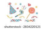 Flat vector illustration set of celebration party elements including a polka dot party hat, striped noisemaker, spiral lollipop, stars, hearts, and colorful streamers on white.