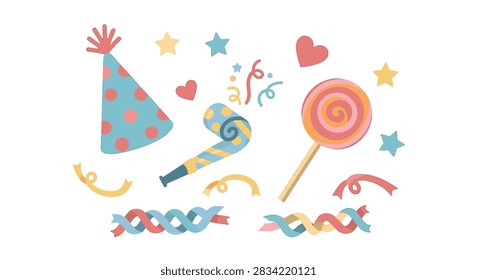 Flat vector illustration set of celebration party elements including a polka dot party hat, striped noisemaker, spiral lollipop, stars, hearts, and colorful streamers on white.