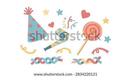 Flat vector illustration set of celebration party elements including a polka dot party hat, striped noisemaker, spiral lollipop, stars, hearts, and colorful streamers on white.