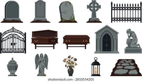 Flat vector illustration set of cemetery icons featuring tombstones coffins mausoleum gate statue and lantern for spooky gothic graveyard design