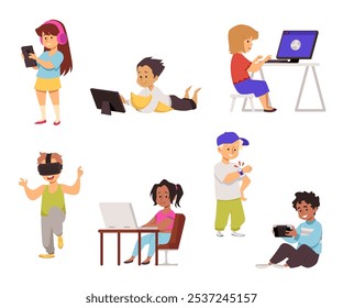 Vetor plano ilustração de um conjunto de crianças, gêneros diferentes com aparelhos digitais. Personagens em diferentes poses com tablets, smartphones, laptops, relógios e óculos. Plano de fundo isolado.