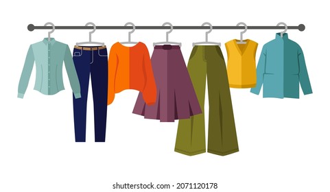 Flat vector illustration, set of clothes on a hanger. Clothing store, autumn and winter wardrobe. Shopping, store concept. Seasonal sale of clothes. Clothes collection icons set.