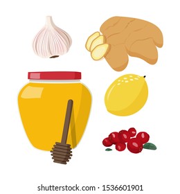 Flat vector illustration set of cold, sick, home treatment, flu season. Healthy food.