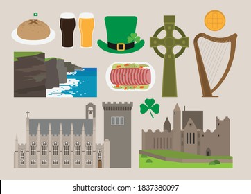 Flat vector illustration set of
๋Ireland consisting of landmark attractions and cultures