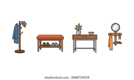 A flat vector illustration set containing four entryway furniture items: a standing wooden coat rack with a blue jacket and fedora, a cushioned storage bench with two pairs of shoes underneath, a sleek console table with a potted plant and bowl, and a wall-mounted organizer with a round mirror, scarf, and key holder.