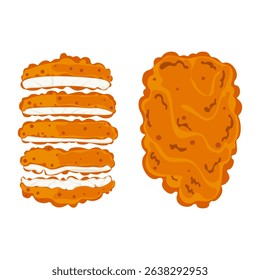Flat vector illustration set. Crispy, golden fried chicken, sliced ​​into delicious pieces. Cooking from top view. Delicious food, Fast food, Isolated on background. Recipe, Menu, Restaurant.
