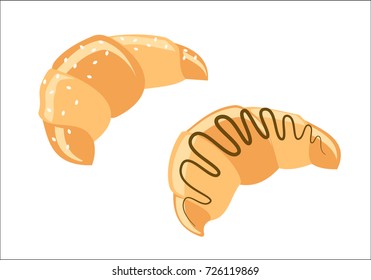 Flat vector illustration set croissant, isolated on white background.  Traditional French breakfast, delicious dessert. 