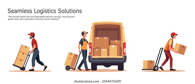 Flat vector illustration set of delivery workers handling packages, using hand trucks, and loading a van. Isolated illustrations on a white background, perfect for logistics and courier services.