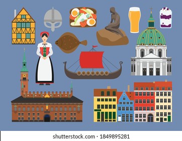 Flat vector illustration set of
Denmark consisting of landmark attractions and cultures