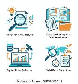 A flat vector illustration set depicting research analysis data gathering documentation digital and field data collection concepts