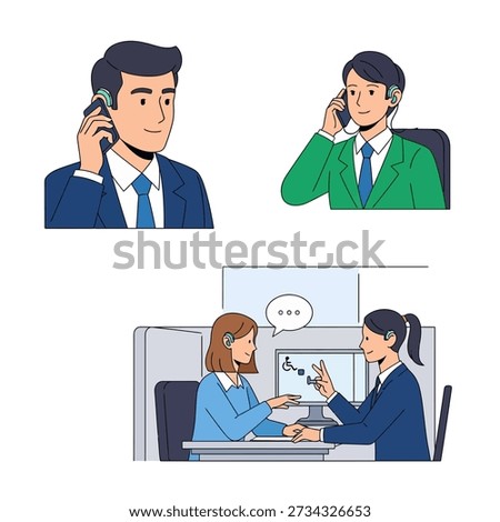 Flat vector illustration set depicting professionals wearing hearing aids engaged in various business communications, including telephone calls and accessible office consultations.