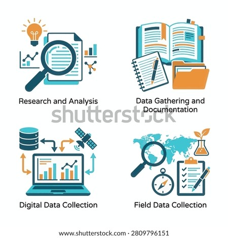 A flat vector illustration set depicting research analysis data gathering documentation digital and field data collection concepts
