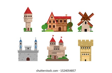 Flat Vector Illustration Set With Different Types Of Buldings