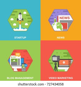 Flat Vector Illustration Set of Different Business Concepts. Startup, Morning News, Blog Management and Video Marketing