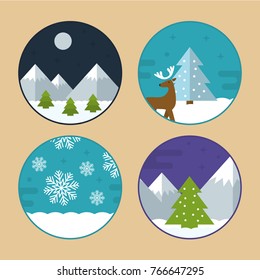 Flat Vector Illustration Set of Different Christmas Scenes. Mountains with Snow, Reindeer, Christmas Tree and Snowflakes